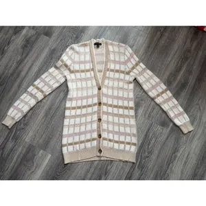 Ann Taylor Plaid Boyfriend Button Front Cardigan in Cream Small thumbnail 4