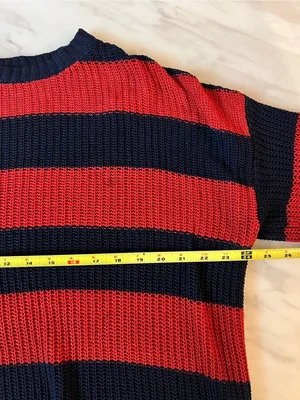 Source Unknown Red Navy Blue Striped Chunky Knit Oversized Sweater Long Sleeve Size L thumbnail 3