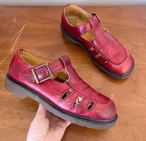 Dr Martens • vintage 8251 t-strap mary janes cutout sandals red leather England thumbnail 1