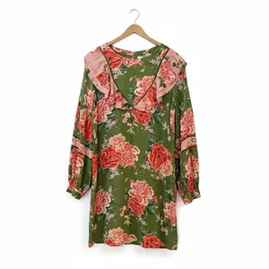 FARM Rio Anthropologie Elinor Tunic Dress Green‎ & Pink Floral Ruffle Size M thumbnail 3
