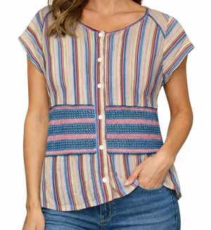 Oorez Multicolor Stripe Button Front Boho Top Smocked‎ Waist Blouse thumbnail 1