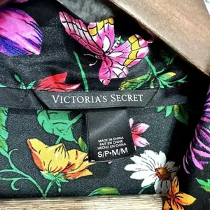 Victorias Secret kimono robe S/M satin black floral butterfly pockets boho fairy thumbnail 2