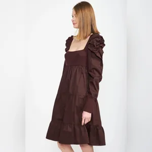 En Saison Lucille Mixed Media Relaxed Fit Midi Dress in Dark Brown Bump Friendly thumbnail 4