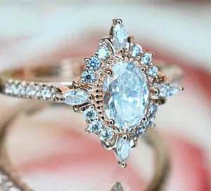 Oval Cut Halo Rhinestone Gold Silver Ring Crystal thumbnail 1