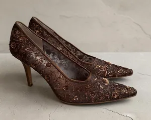 LORD & TAYLOR Brown Embellished Beaded Floral Heels Size 8.5 thumbnail 1