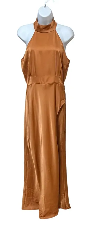 WAYF Women Copper Satin Halter Maxi Dress High Slit Button Detail Size‎ S thumbnail 1