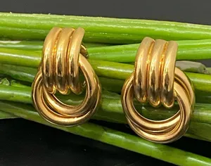 Vintage Gold Tone Grooved Tube Interlocking Knot Modern Chunky Clip On Earrings thumbnail 2