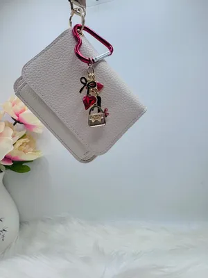Beige Faux Leather Card Holder Wallet w/ Wristlet Strap & Charm Keychain thumbnail 3