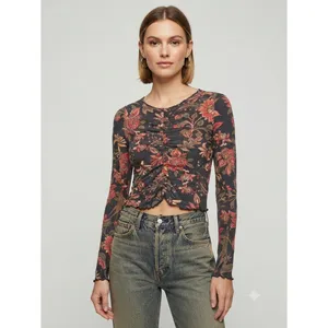 Free‎ People Long Sleeve Top Womens XS Grey Red Floral Ruched We The Free Boho thumbnail 3