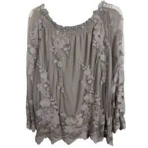 Gray Sheer Lacy Floral Long Sleeve Top M Fairy Grunge Dark Romance Bell Cuff thumbnail 2