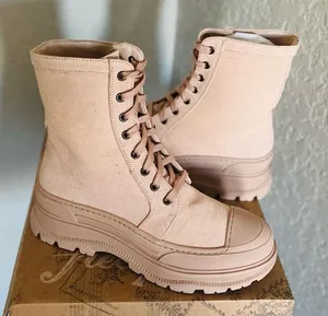 FREE‎ PEOPLE Camp Out Canvas Combat Boot, Natural, Tan/Pink, Size 8, NWT thumbnail 1
