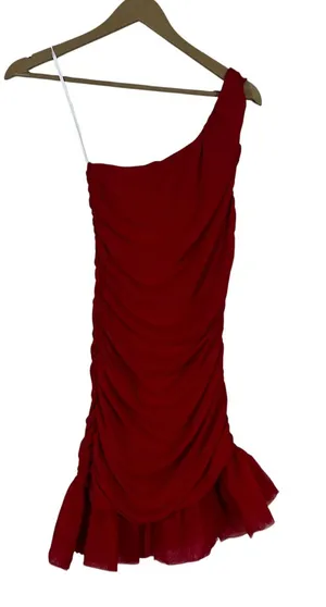 NWT Hello Molly One Shoulder Solid Mini Dress Red Glam Ruched Tulle Size 6 thumbnail 1