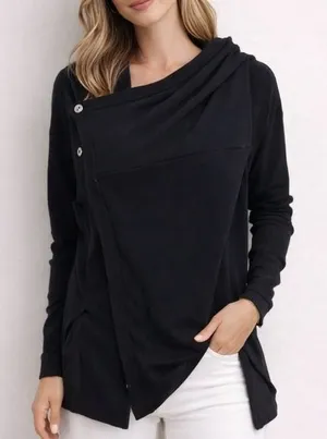 Free People Womens Asymmetrical Button Front Hooded Fleece‎ Top Black XS thumbnail 1