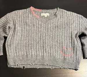 Vintage Havana‎ happy face Gray V-Neck Sweater with Pink Details thumbnail 1