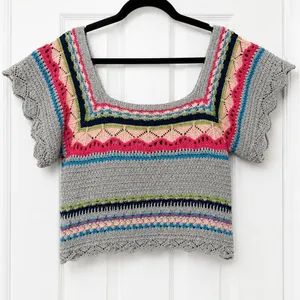 POL Crochet Knit Crop Top Large Gray Stripe Boho Bohemian Festival Open Shirt thumbnail 2