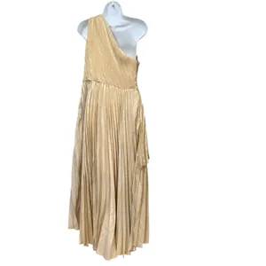 MOTF Premium Gold Metallic One Shoulder Pleated High-Low Formal Gown Size M thumbnail 4