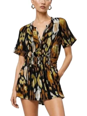 Anthropologie Somerset Ikat Brown & Black Patterned Short Sleeve Romper LARGE thumbnail 1