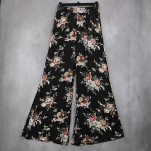 Copper Key Black Floral Wide Leg Pants Boho Palazzo High Waist Lounge VTG‎ Small thumbnail 2