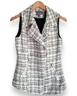 Tinley Road Retro Glam Business Professional Zip Black White Plaid Tweed Vest thumbnail 1