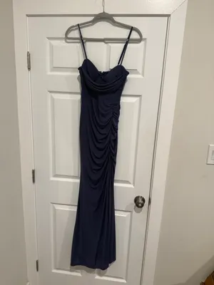 Lulus Flirty Composure Slate Blue Mesh Cowl Bustier Ruched Maxi Dress Small thumbnail 4
