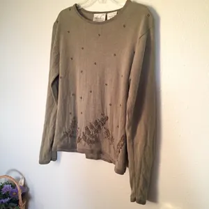 Olive green embroidered beaded detail sweater size small | Kathie Lee Collection thumbnail 2