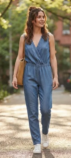 Mimi Chica Womens Blue Cotton Chambray Sleeveless V-Neck Elastic Jumpsuit M thumbnail 1