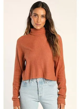 Lulus Sip On Cider Rust Orange Ribbed Turtleneck Cross Back Top - Size L thumbnail 1