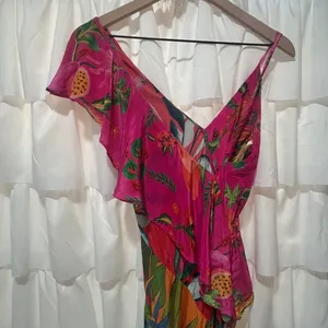 Farm Rio Midi Dress Sm Tropical Ruffle Asymmetric Boho Botanical Anthropologie thumbnail 8