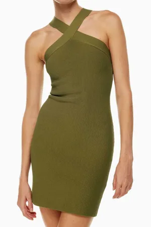 Aritzia Babaton‎ Fem Green Sculpt Knit Criss Cross Ribbed Halter Dress Size 2XL thumbnail 1