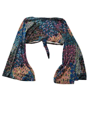 Eat Sleep Rave large bell sleeve Boho Tie-Front Crop Top festival colorf Paisley thumbnail 7