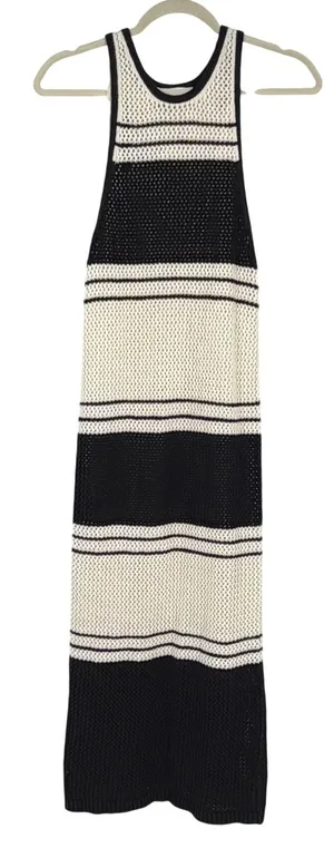 NWT FRAME Open Knit Stripe‎ Maxi Dress M Black Ivory Crochet Racerback thumbnail 1
