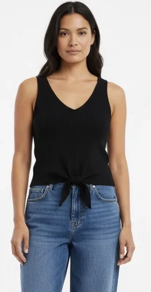 Madewell Woman's Black Textured Ribbed Front Tie V Neck Tank Top Large Blouse thumbnail 1