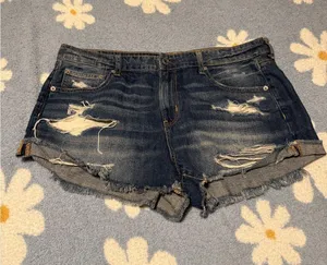 American Eagle Outfitters Dark Blue Distressed Jean Shorts - Tom Girl Shortie thumbnail 1