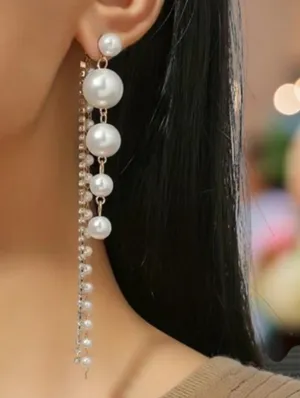 Faux Pearl Shiny Rhinestone Chain Tassel Design Dangle Earrings Elegant‎ thumbnail 2