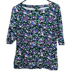 Lauren Ralph Lauren Floral Print 1/2 Sleeve Boat Neck Top‎ Black Purple Green thumbnail 1