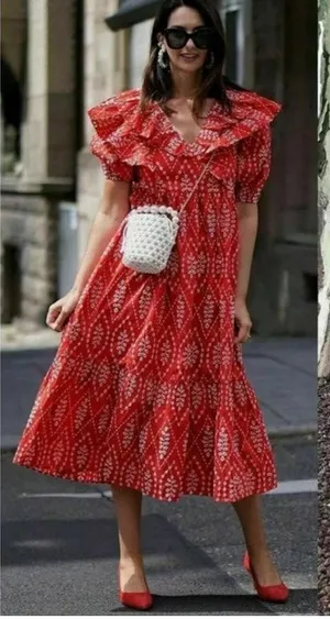 Zara Red Dress with Eyelet Embroidery Midi Length Size Small‎ thumbnail 1
