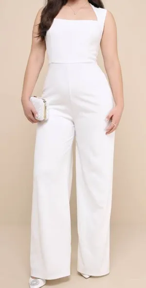 Lulus NWOT Enticing Endeavors White Stretchy Knit Wide Cut Pant Jumpsuit Large thumbnail 1