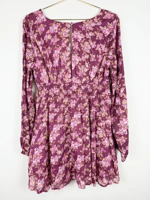 NWT Free People Keep You Mini Dress in Berry Combo Long Sleeve Floral Size Small thumbnail 12