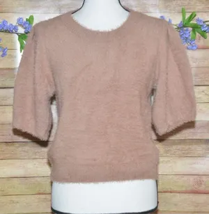 Buddy Love Ladies Brown Half Puff Sleeve Crop Sweater Top Size L Fuzzy Eyelash thumbnail 1