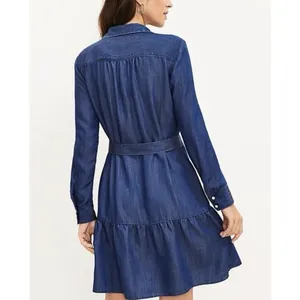 LOFT Chambray Flounce Shirt Dress Tie Waist Long Sleeve Blue Women Large Coastal thumbnail 3
