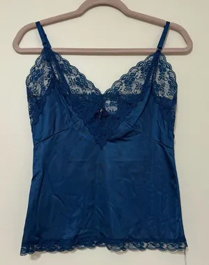 Vintage Made in the USA Lace Trim Navy Blue Slip Lingerie Top thumbnail 1