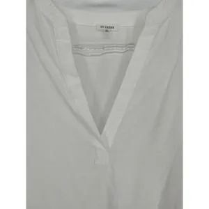 EN CRÈME Blouse‎ Women Medium White Navy Blue Embroidered Crochet Hem V-Neck thumbnail 2