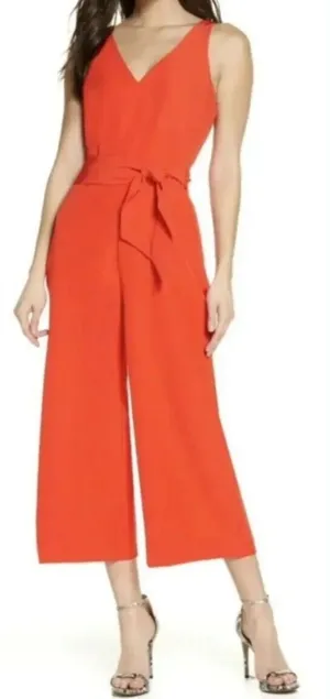 Sam Edelman Wide Leg Cropped Sleeveless Coral Red Jumpsuit Size 10 *no belt* thumbnail 1