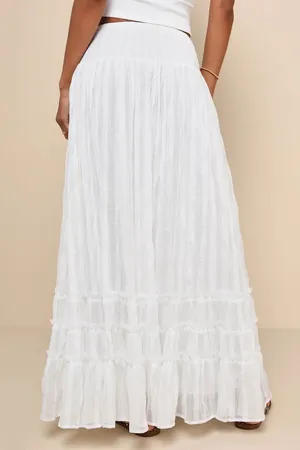 New Lulus Sunny White Smocked Tiered High-Waisted Midi Skirt Size Small MSRP $59 thumbnail 3