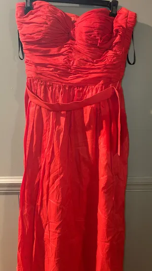 Dessy Collection Strapless Ruched Maxi Dress in "Firecracker" thumbnail 3
