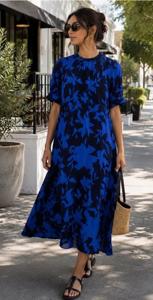 By Anthropologie Mackenzie Mock Neck Midi Dress M Blue Black thumbnail 1