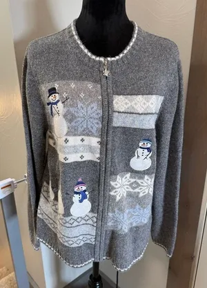 Croft & Barrow Full Zip Sweater Grey Snowman Snowflake Knit Ugly Sweater Granny thumbnail 1