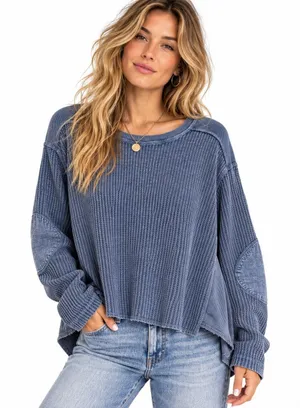 Free People FP One Blue Waffle Knit Thermal High Low Top Sz S thumbnail 1