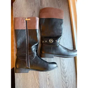 Michael Kors Boots Black Brown Knee High Riding Boots MK Logo Detail‎ Size 5 thumbnail 2