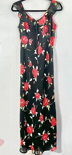 Vtg 2000s Babydoll Maxi Dress Sz 10 Black Floral Y2K Romantic‎ Prom Fairy thumbnail 1